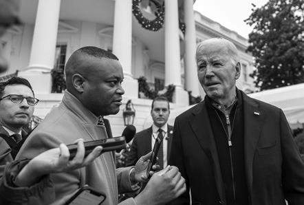 U.S. PRESIDENT Joe Biden talks to the press before boarding Marine One on the south lawn of the White House on Dec. 23, 2023, in Washington, DC. (Tasos Katopodis/