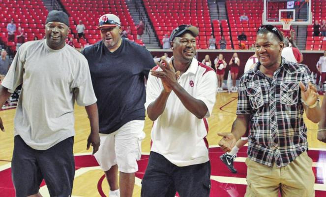 MEMBERS OF the 1988 Oklahoma Sooners basketball team came back to Norman to participate in an Old Timers games. Shown here are, from left, Andre Wiley, Stacey King, Mookie Blaylock and Ricky Grace.