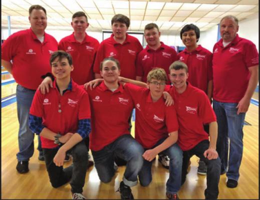 THE FRONTIER HIGH School boys bowling team participated in the recent State Tournament in Enid. Team members include, front row from left, Brennan Petersen, Evan Thompson, Trace Stephens., Chandler Sanders; back row, Coach Lee Smith, Ty Wright, TJ Siler, Tucker Stephens, Saul Hernandez, and Coach Gary Sisco. Tucker Stephens, Ty Wright, Evan Thompson and Trace Stepens were selected to play in the All-Star bowling game that had been scheduled for March 7.