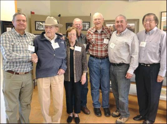 AMONG THE MANY dignitaries gathered to celebrate the 30th Anniversary of the Tallgrass Prairie Preserve were, from left, Harvey Payne, TPP Director Emeritus, Pawhuska; Frederick Drummond and wife Janet, of Tulsa; Keenan Barnard, also of Tulsa; Frank Boren, Monterey, Calif.; Chief Geoffrey Standing Bear, Pawhuska; and Eddy Red Eagle, Jr., Hominy. Each were present 30 years ago when the plan to save and restore some of the last intact tallgrass prairie was put into action. (Photo by Carey Head)