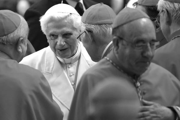 Pope Emeritus Benedict XVI greets cardinals as he leaves the St. Peter’s Basilica at the end of the Consistory on Feb. 22, 2014, in Vatican City, Vatican. (Franco Origlia/Getty Images/ TNS)