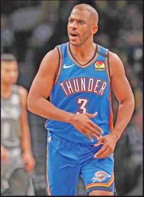 OKLAHOMA CITY Thunder guard Chris Paul (3) reacts after hitting a three-point shot during an NBA game against the Brooklyn Nets Tuesday in New York. The Thunder defeated the Nets 111-103 in overtime. (AP Photo)