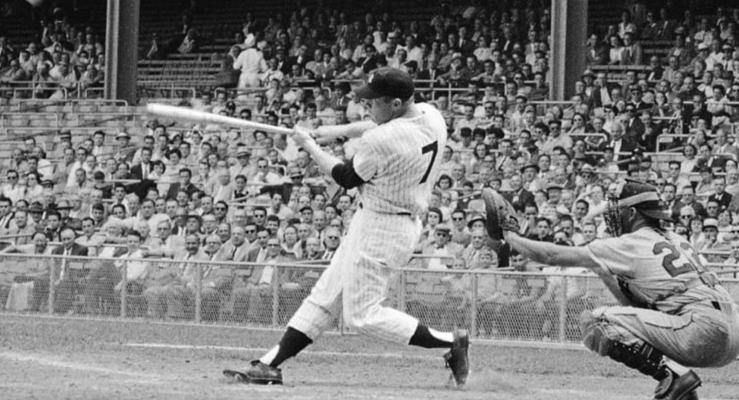 MICKEY MANTLE shows off his home run swing in this photo. Mantle, who behind Jim Thorpe may have been the greatest athlete to come from Oklahoma, wore No. 7 with the New York Yankees.