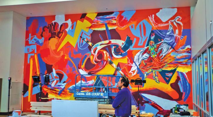 Osage artist Yatika Starr Fields’ mural at Northern Oklahoma College will be dedicated June 16 at the Cultural Engagement Center. (photo by John Pickard/Northern Oklahoma College)