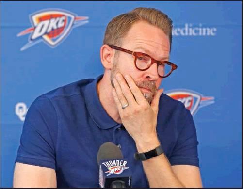 SAM PRESTI, Oklahoma City Thunder executive vice president and general manager, listens to a question during a news conference in Oklahoma City, Thursday. Presti is preparing for a season without Russell Westbrook for the first time in a decade. (AP Photo)