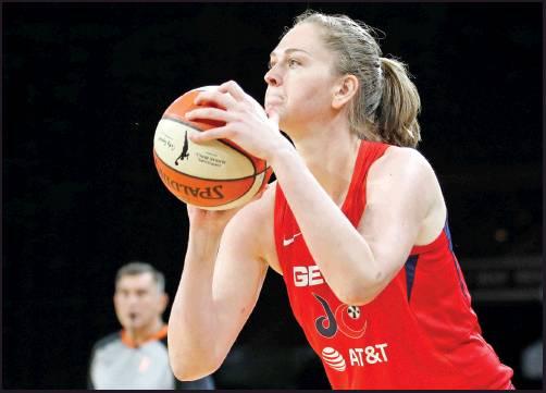 WASHINGTON MYSTICS’ Emma Meesseman shoots against the Las Vegas Aces during Game 4 of a WNBA playoff series Tuesday in Las Vegas. The Mystics won 94-90 and will advance to the WNBA final series against the Connecticut Sun. (AP Photo)
