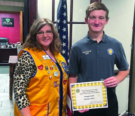 THE PONCA City Noon Lions Pioneer Technology Center Ambassador Student of the month for October is Keegan Goff (right). Goff is a second year student of the Firefighter/EMT program as well as a second year student ambassador (SA). Goff has helped with every event offered for the SA, and has also been on the Cross Country team for several years. Goff is pictured with Debbie Woodruff (left), Noon Lions President. (Photo Provided)