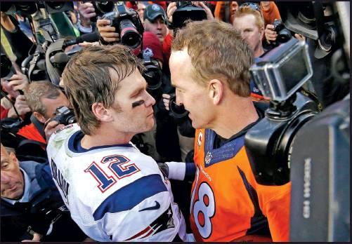 NEW ENGLAND quarterback Tom Brady (12) and Denver quarterback Peyton Manning speak to one another following the 2016 AFC Championship game between the Denver Broncos and the New England Patriots in Denver. Brady has been synonymous with the AFC championship for the last two decades. Thirteen times he played for the Lamar Hunt Trophy and nine times he won it. Peyton Manning he bested once but three other times he lost to his nemesis in the conference title game, twice in Denver.(AP Photo)