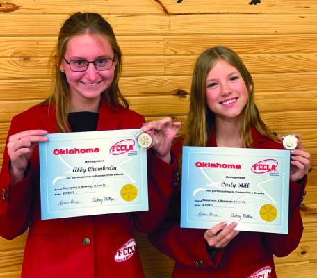 Abby Chamberlin and Carly Hill competed in the FCCLA Regional Star Event on Tuesday, February 7th, 2023, in Bristow, OK. Abby and Carly placed 2nd in the Repurpose and Redesign Event. For this event Abby and Carly repurposed a tire and some wood into a feed trough for farm animals. They will complete at State Star Events on March 23, with a chance to go Nationals in July. Photo provided.