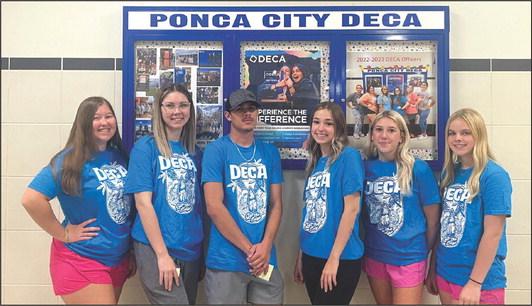 PONCA CITY DECA Chapter recently elected officers for the 2023-2024. Officers include from left to right: Emma Bickford, Co-President; Amaela Sunderland, Co-President; Benton Holloway, Vice-President of Finance; Laney Hendricks, Vice-President of Social Media; Hannah Haney, Vice-President of Record Keeping; Addie George, Vice-President of Membership. Not pictured: Lily Godfrey: Vice-President of Social Activities. Ponca City DECA chapter is led by advisor Heather Monks. (Photo provided)