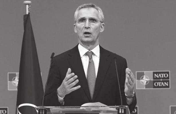 NATO Secretary General Jens Stoltenberg speaks during a joint press conference with Sweden and Finland’s foreign ministers after their meeting at NATO headquarters in Brussels on Jan. 24, 2022. (John Thys/AFP/Getty Images/TNS)