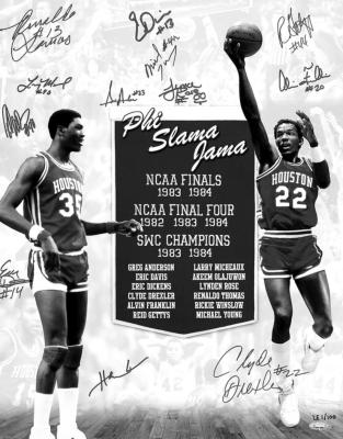 AN AUTOGRAPHED poster featuring the Phi Slama Jamma players of Houston. Guy Lewis’s teams were given this nickname by a Houston sports writer back in the 1980s. The players were known for their dunking abilities.