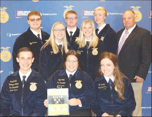 PONCA CITY FFA chapter officers recently attended the 2019 Oklahoma FFA Chapter Officer Training Conference. Pictured, front row from left, are Cade Jenlink, Timberlake, northwest area president; Rylee Kelly, and Emily Kennedy, Edmond, state secretary, middle row, Hattie Steichen and Devyn Bolieu, and back row, Nolan Overmen, Gage Stout, Caleb Edens and Kevin Frazier.