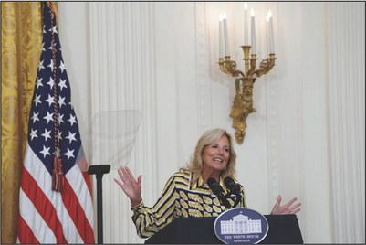 U.S. first lady Jill Biden participates in the Cybersecurity Summit for K-12 Schools in the East Room at the White House in Washington, D.C. on Tuesday, Aug. 8, 2023. (Yuri Gripas/Abaca Press/TNS)
