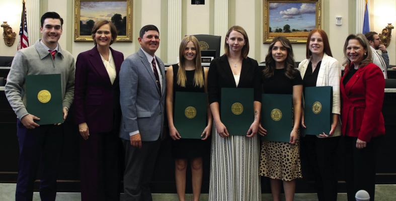 REP. JOHN Pfeiffer; Allison Garrett, chancellor of the Oklahoma State System of Higher Education; and Diana Watkins, interim president of Northern Oklahoma College; recognize NOC students Grant Biggers, Autumn Leist, Sage Wilcox, Alejandra Pena and Danielle Buttrum.